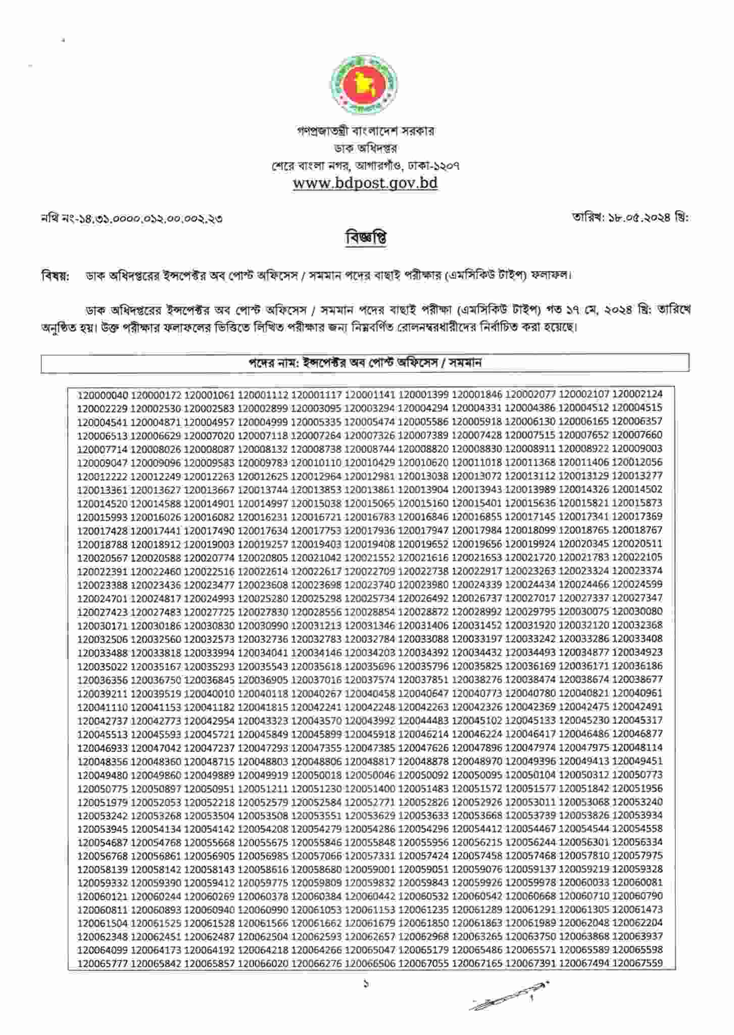 ডাক অধিদপ্তর ইন্সপেক্টর অব পোস্ট অফিস পদের ফলাফল ২০২৪