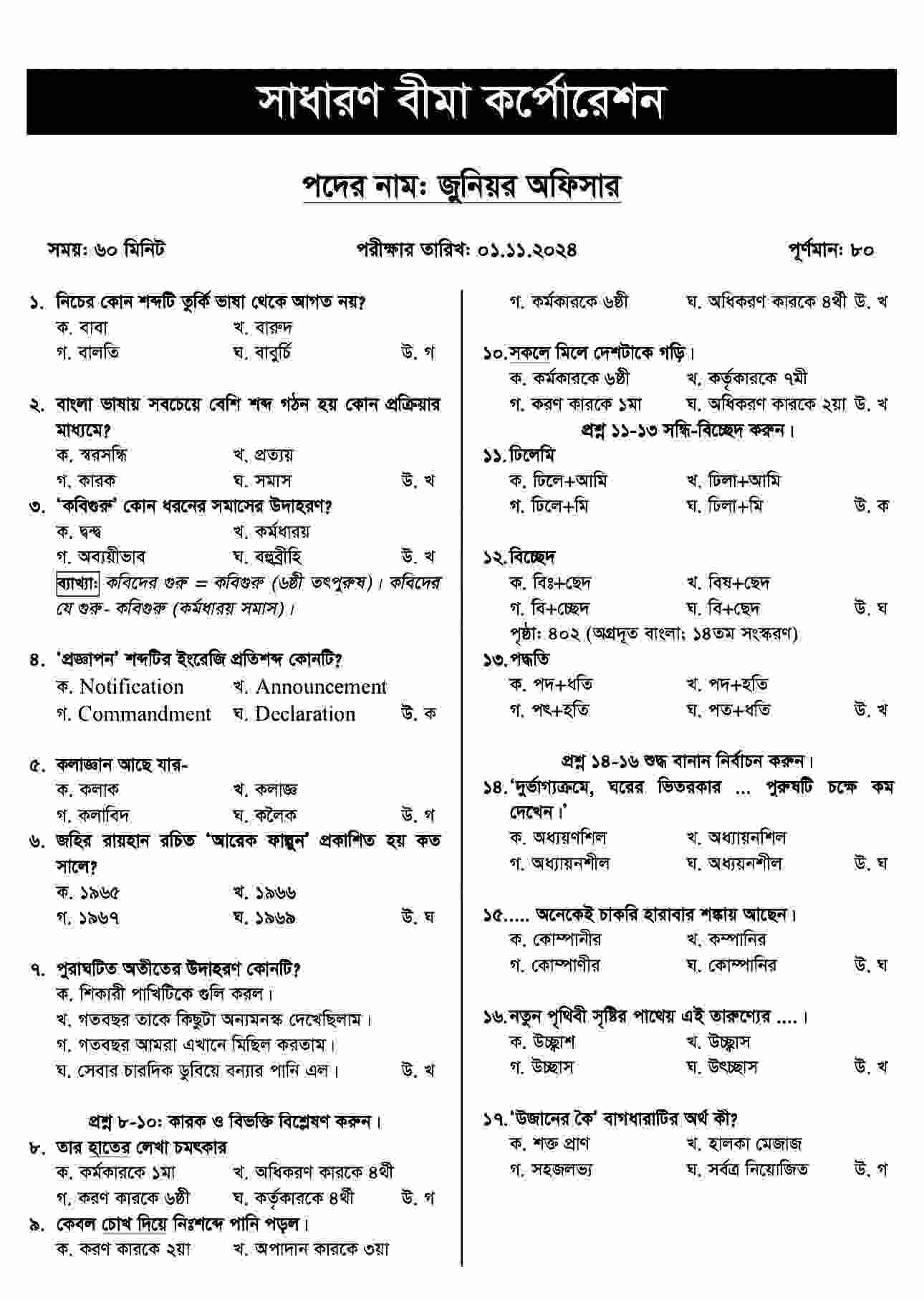 Sadharan Bima Corporation Junior Officer Question Answer 2024