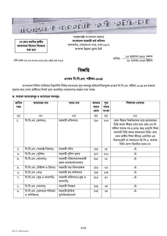 47th BCS Circular 2024 - ৪৭তম বিসিএস আবেদন করুন
