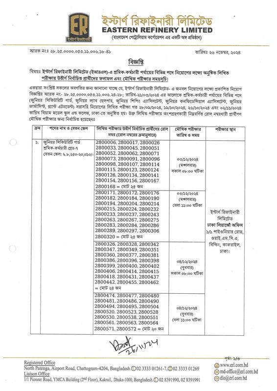 ইস্টার্ন রিফাইনারি লিমিটেড (ERL) পরীক্ষার রেজাল্ট ২০২৪