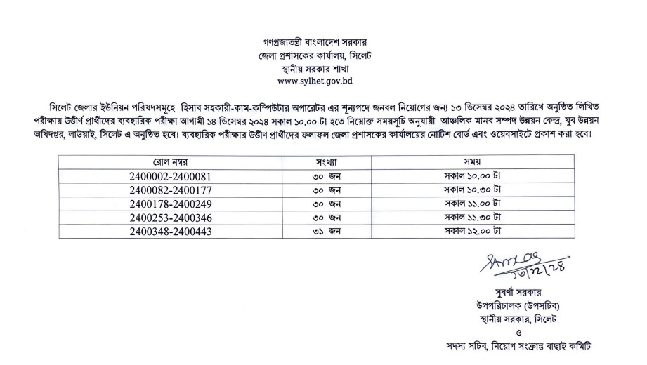 ডিসি অফিস সিলেট লিখিত পরীক্ষার রেজাল্ট ২০২৪