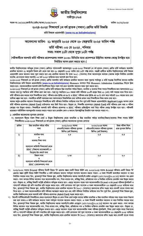 NU Admission Circular 2025 (Honours) - Apply Online