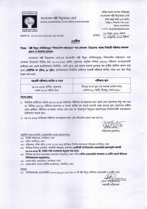বাংলাদেশ পল্লী বিদ্যুতায়ন বোর্ড (BREB) লিখিত পরীক্ষার রেজাল্ট ২০২৫